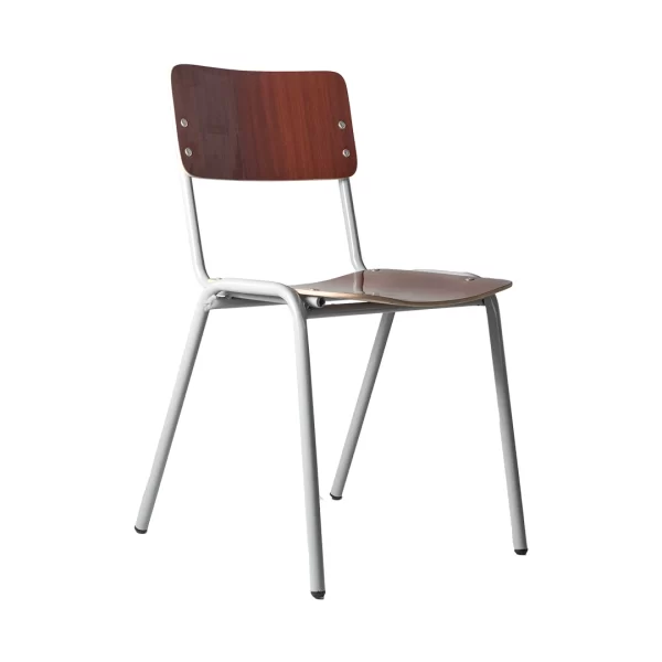 Silla de estructura de tubos de acero y asiento de madera enchapada en formalita